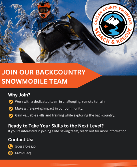 Chelan County Volunteer Search and Rescue snowmobile team recruitment flyer